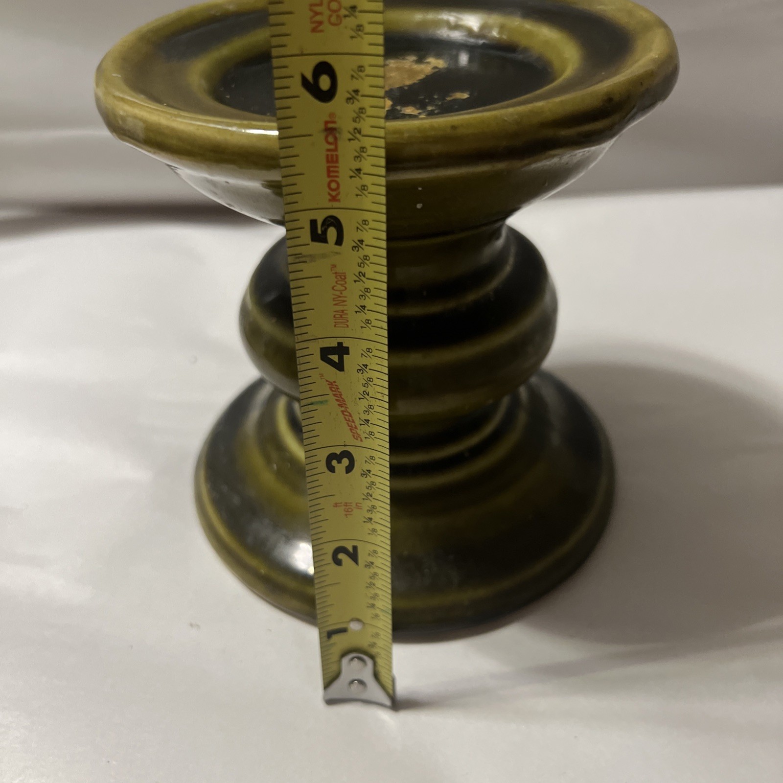 Vintage Olive Green Ceramic Pillar Candle Holder 5 1/4 X 5 1/2 Inches