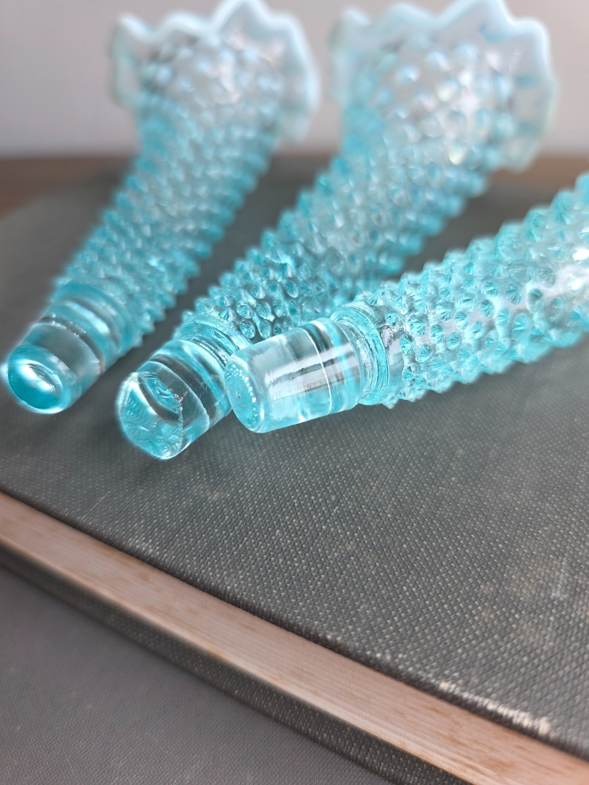 (3) Fenton Horns For Epergne – Opalescent Blue Aqua Hobnail 6″