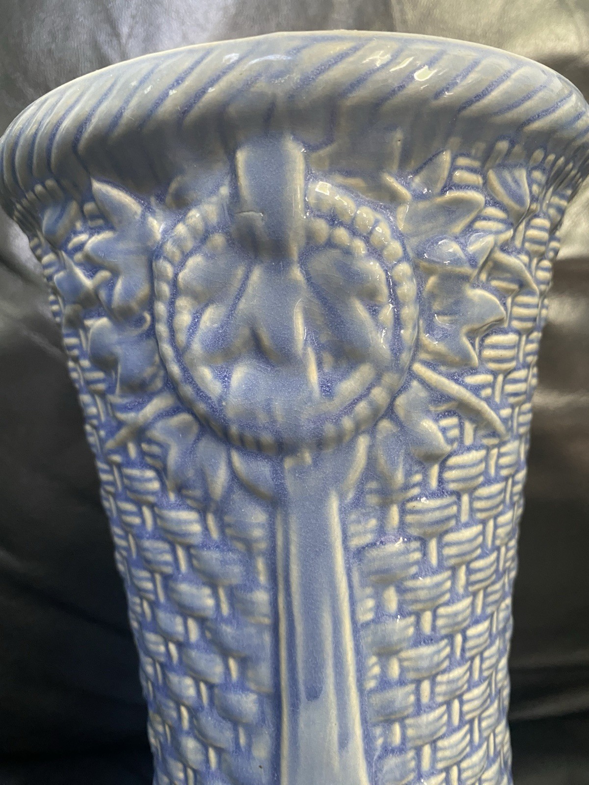 McCoy Pottery, 1932 Unmarked 10” Basketweave vase in Cornflower Blue