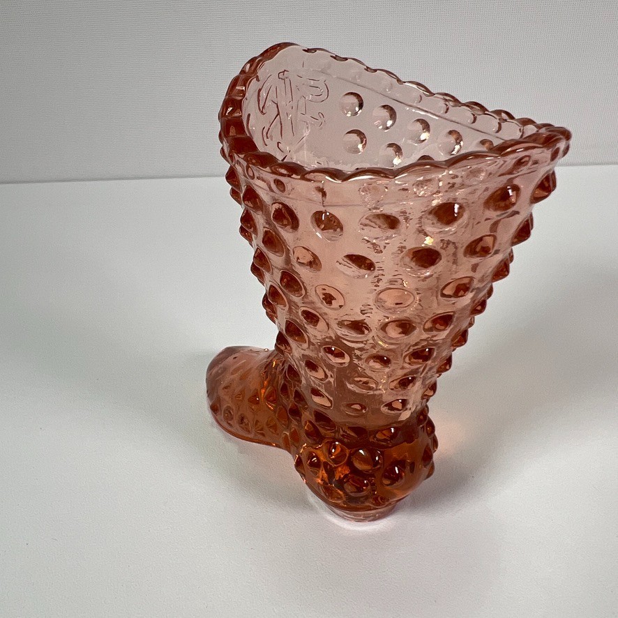 Vintage Fenton Art Glass Pink Laced Hobnail Pattern 4″ High Boot Figurine Vase