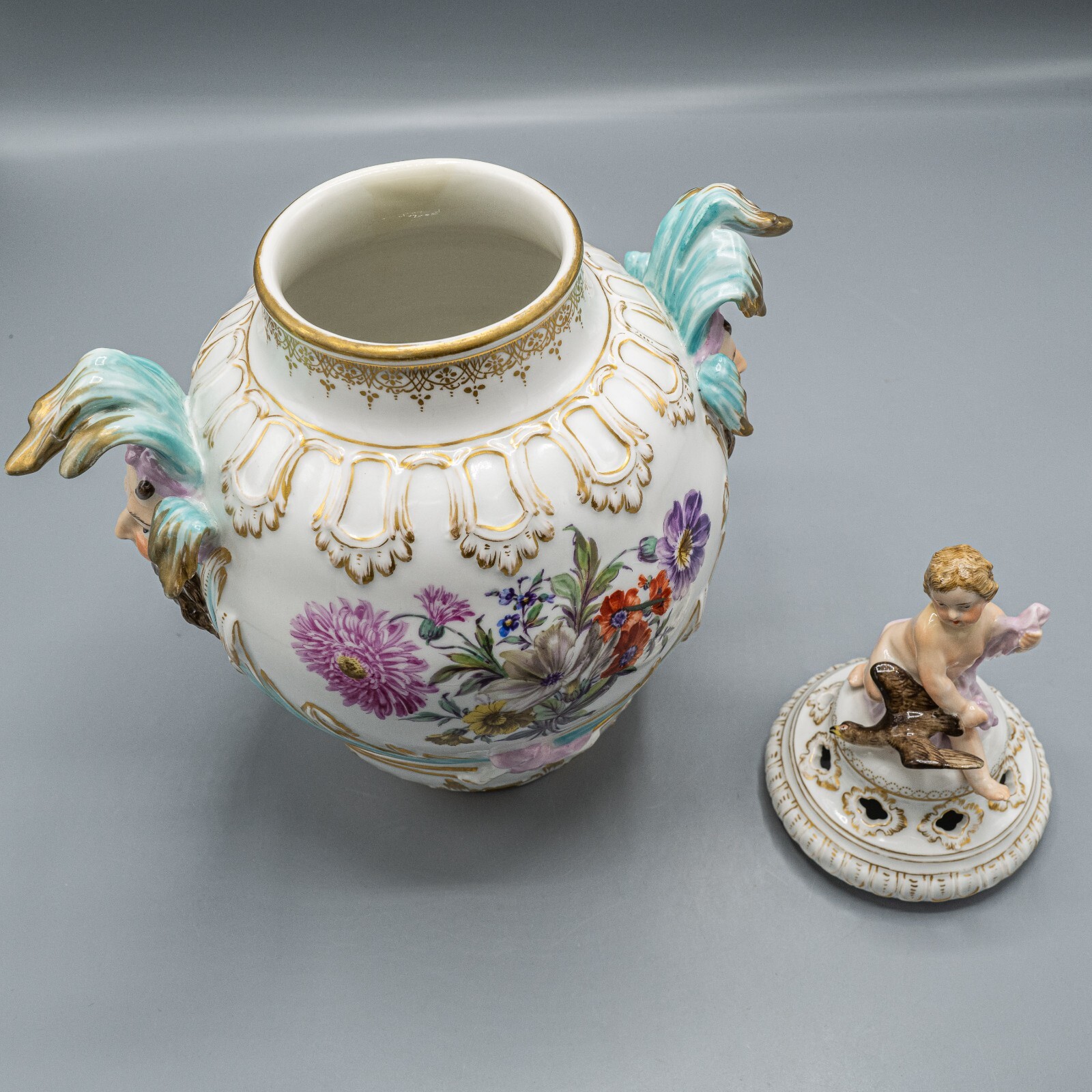 KPM Royal Berlin Covered Urn Putti Eagle Jester Floral Flowers Antique 13 1/2″ H