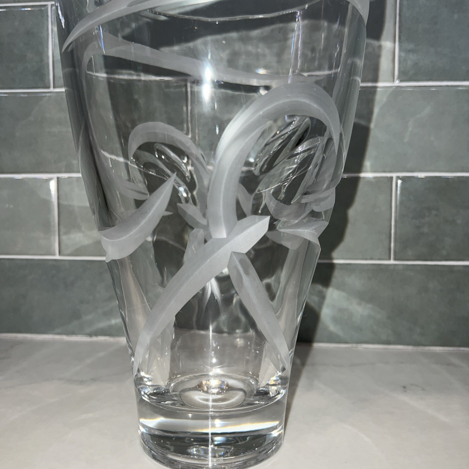 Design Guild Poland Heavy Art Glass Crystal Vase Etched Design 10” Large