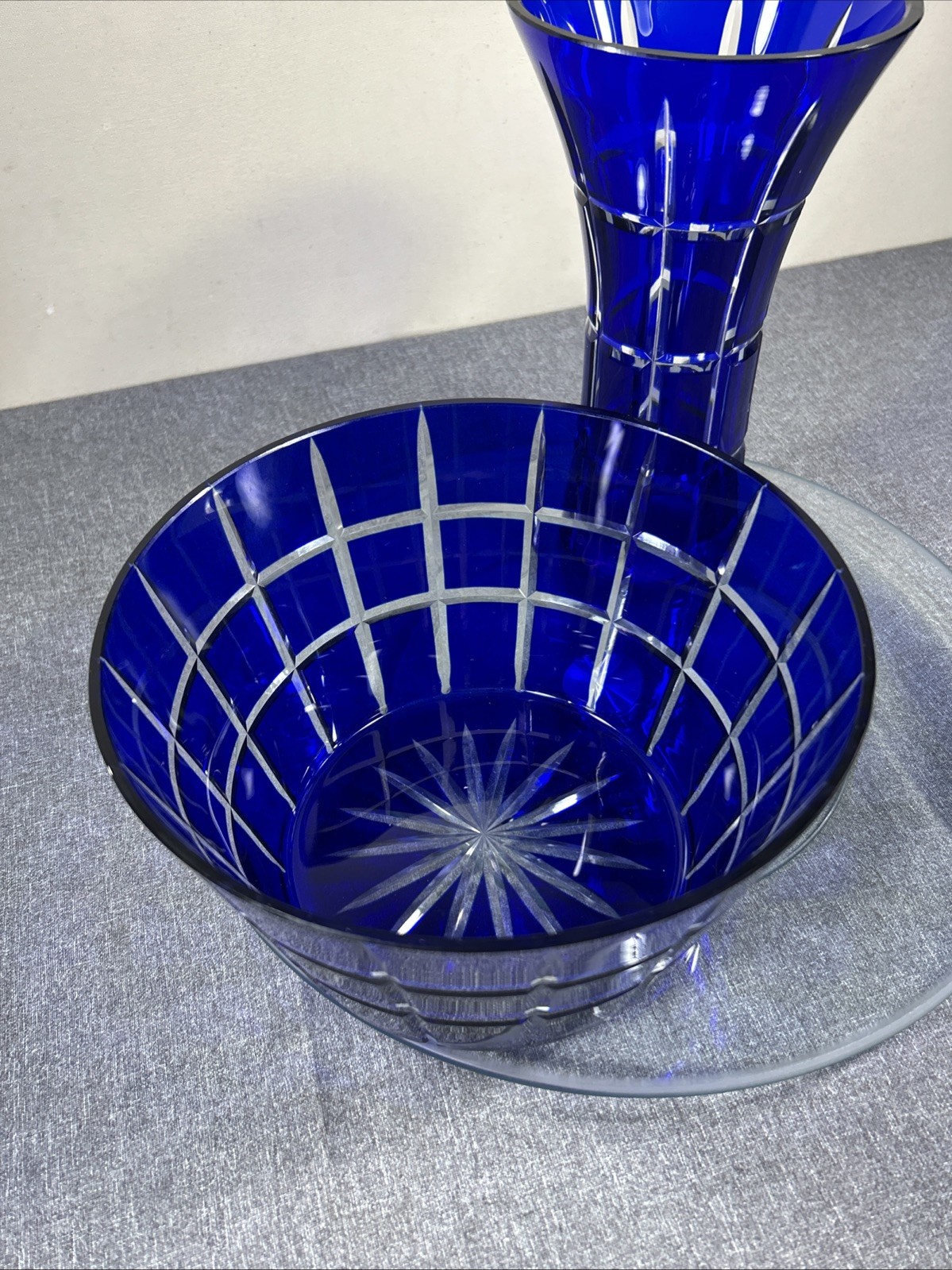 Towle Bohemian Czech Cut to Clear Round Cobalt Blue 9” Vase And 8” Round Bowl
