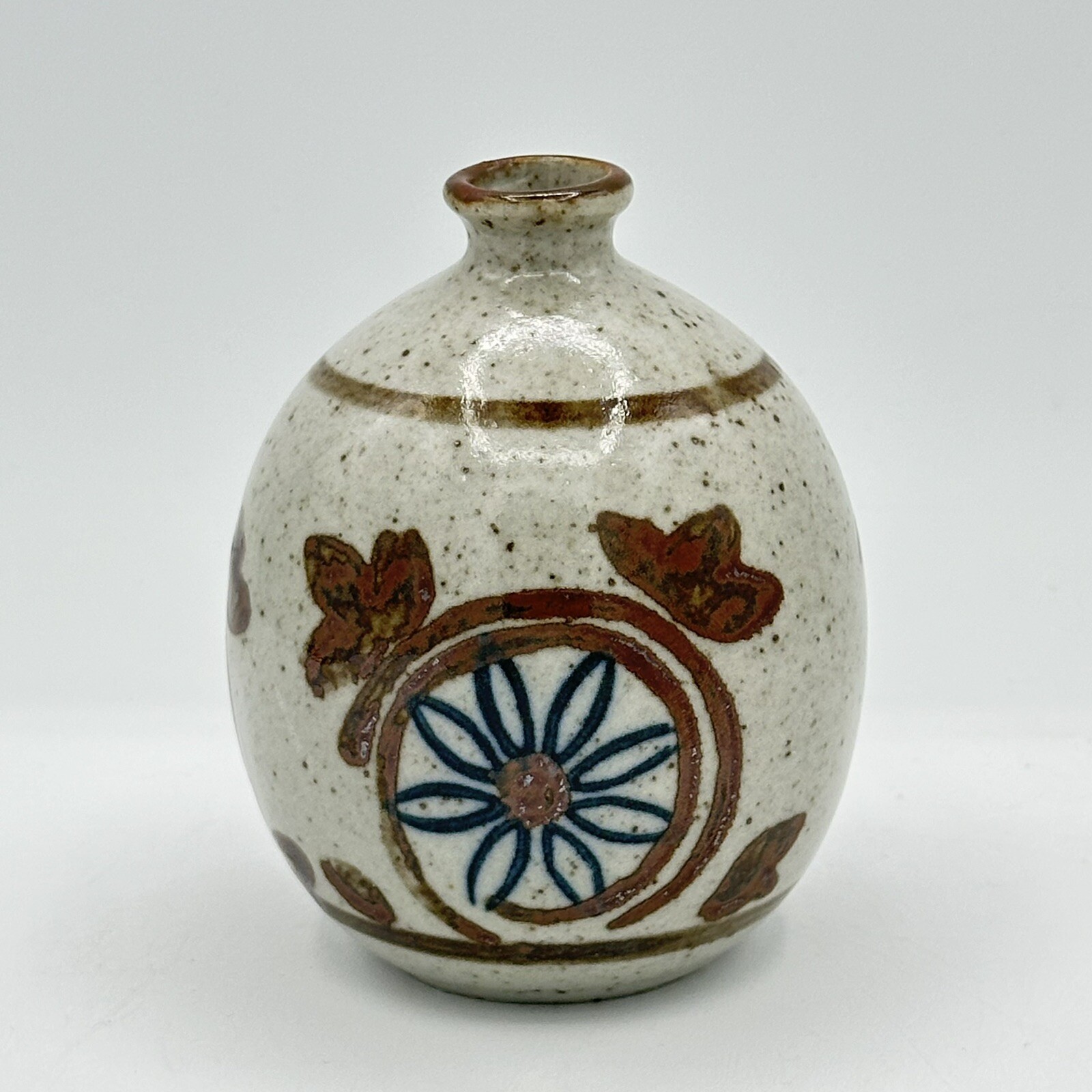 Small Flower Speckled Art Pottery Bud Vase Painted Flowers Cottagecore 4 Inch