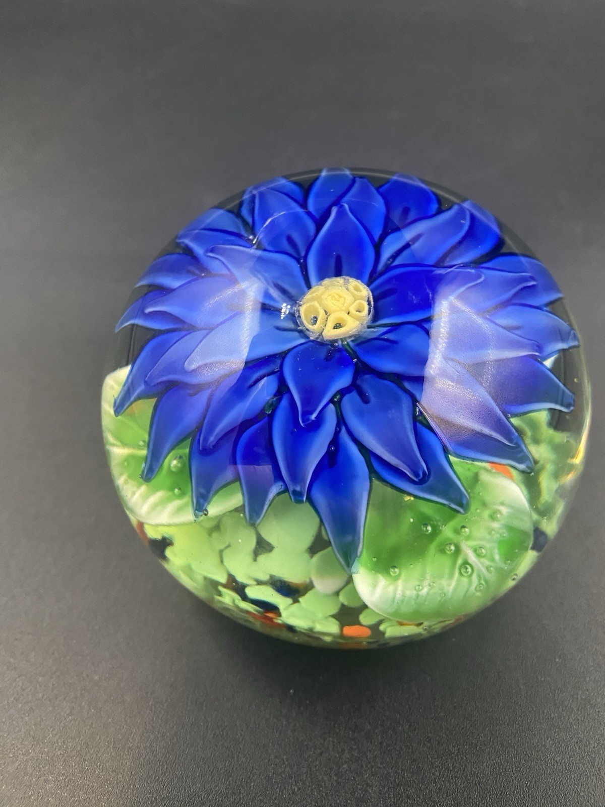 Murano Blue Floral Paperweight Handmade in Italy w/ MURANO Sticker