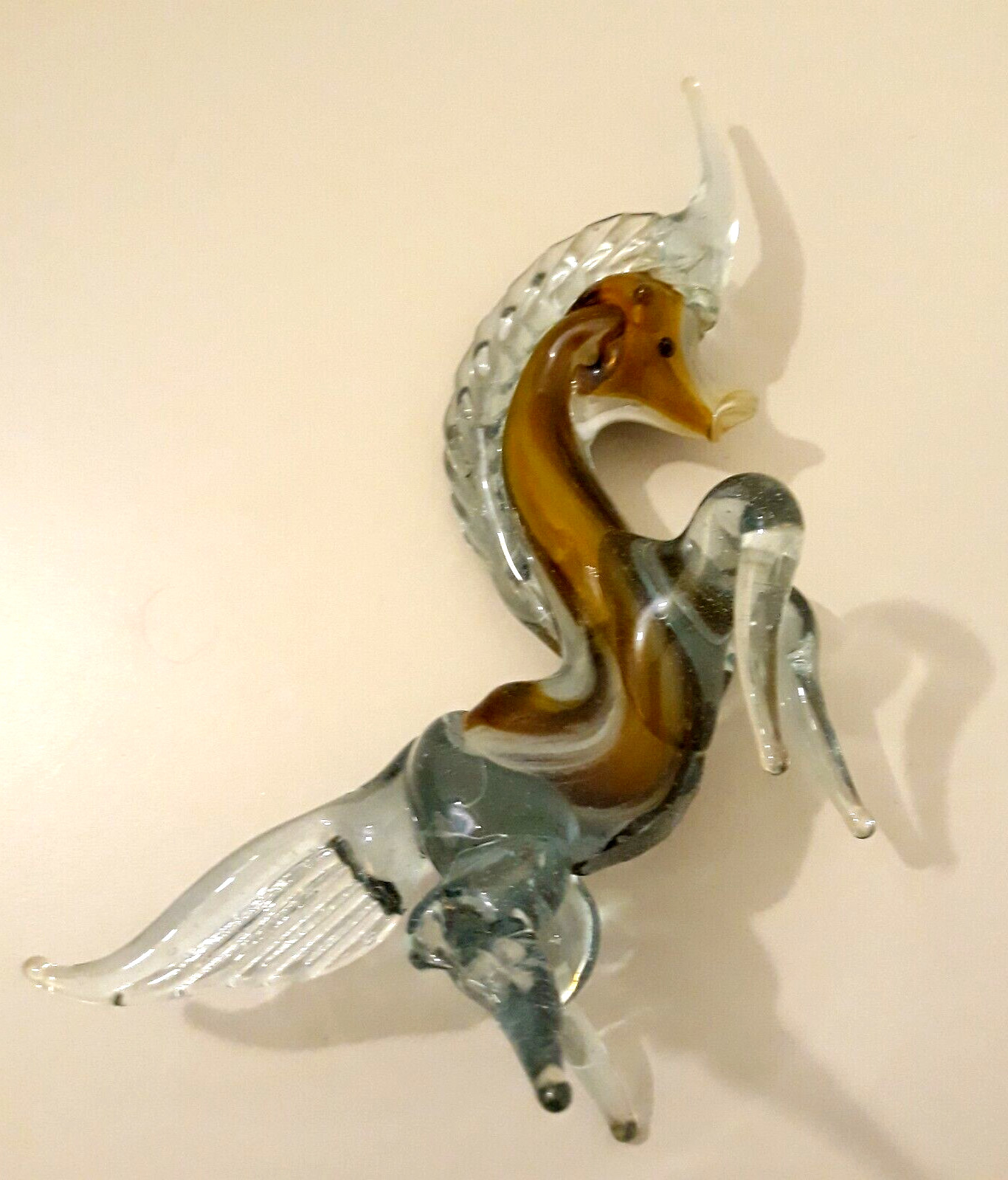 Blown Art Glass Unicorn Figurine Horse Abstract Fantasy Amber Blue Tint Vintage