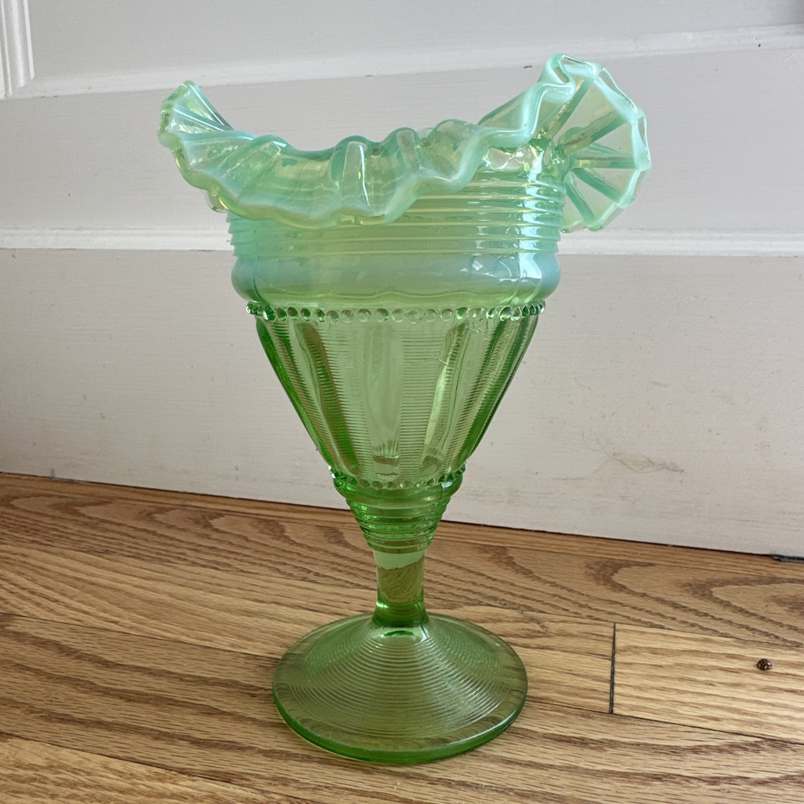 Northwood/Jefferson Glass Green Opalescent Fluted Bars&Beads Footed Vase 7″ READ