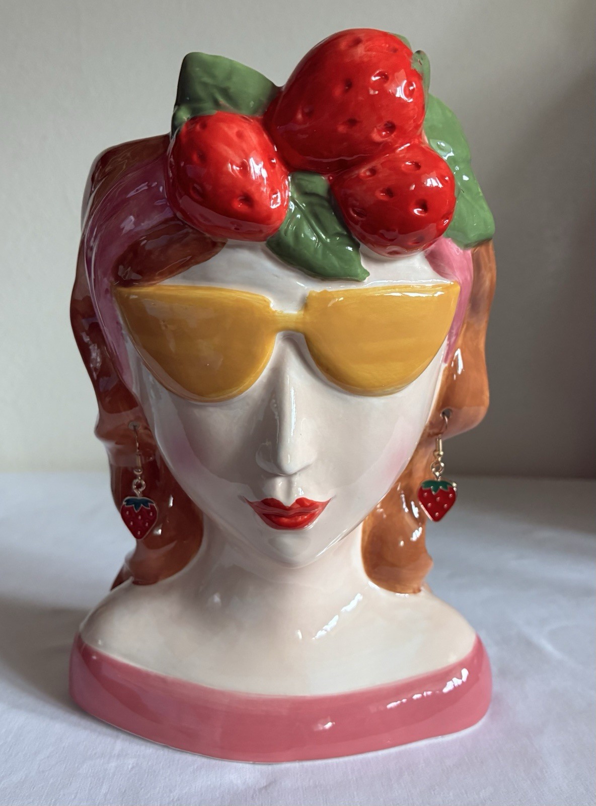 Strawberry Lady Head Ceramic Vase Planter with Yellow Sunglasses & Earrings