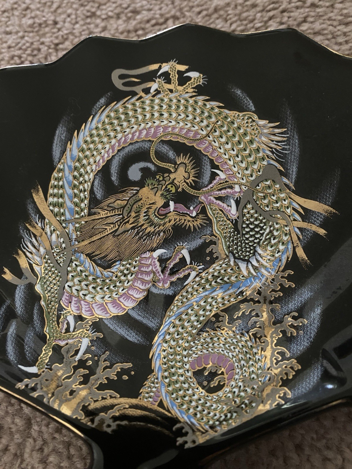Japanese Ceramic Fan-Shaped Ashtray/ Dish Black Glossy Dragon Decorative