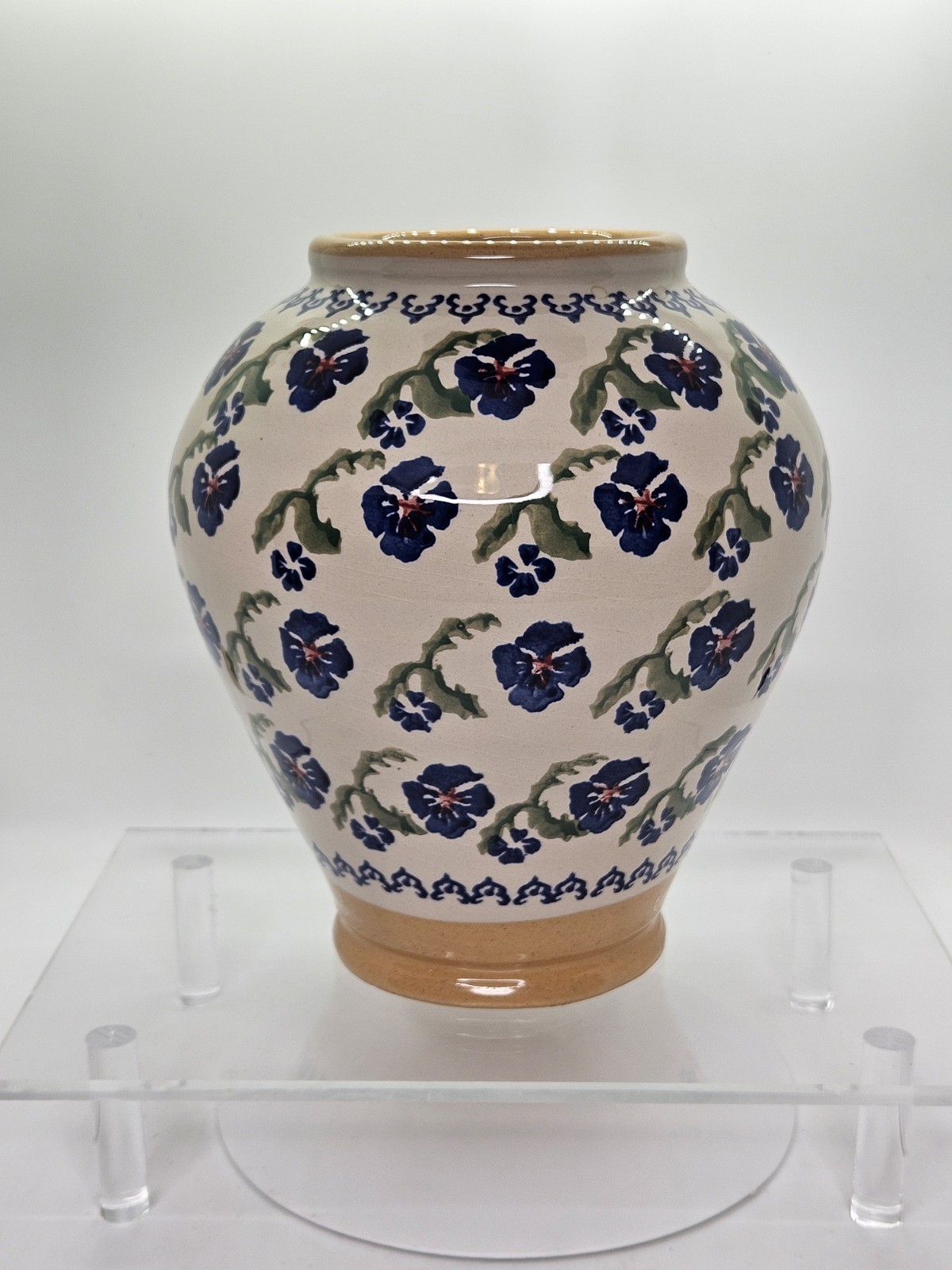 Nicholas Mosse Pottery Blue Pansy Vase Floral Pattern Ireland 7 3/8″ Tall