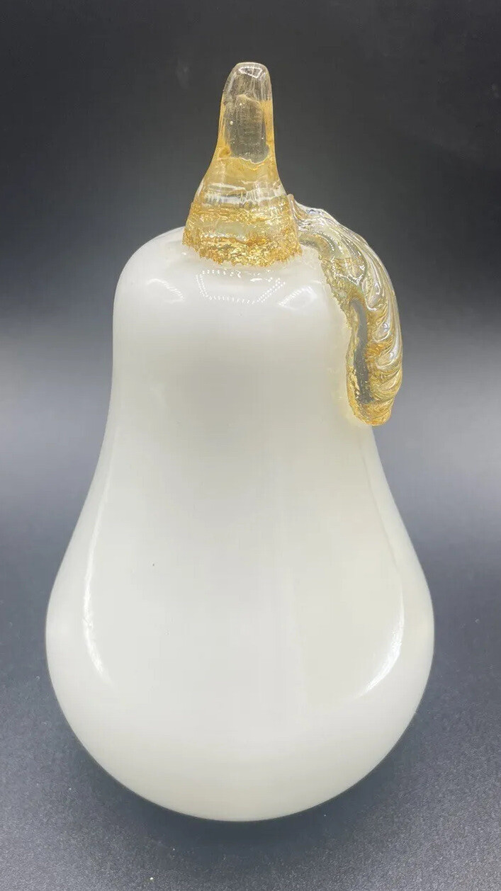 Art Glass Hand Blown Paperweight White Gold Pear
