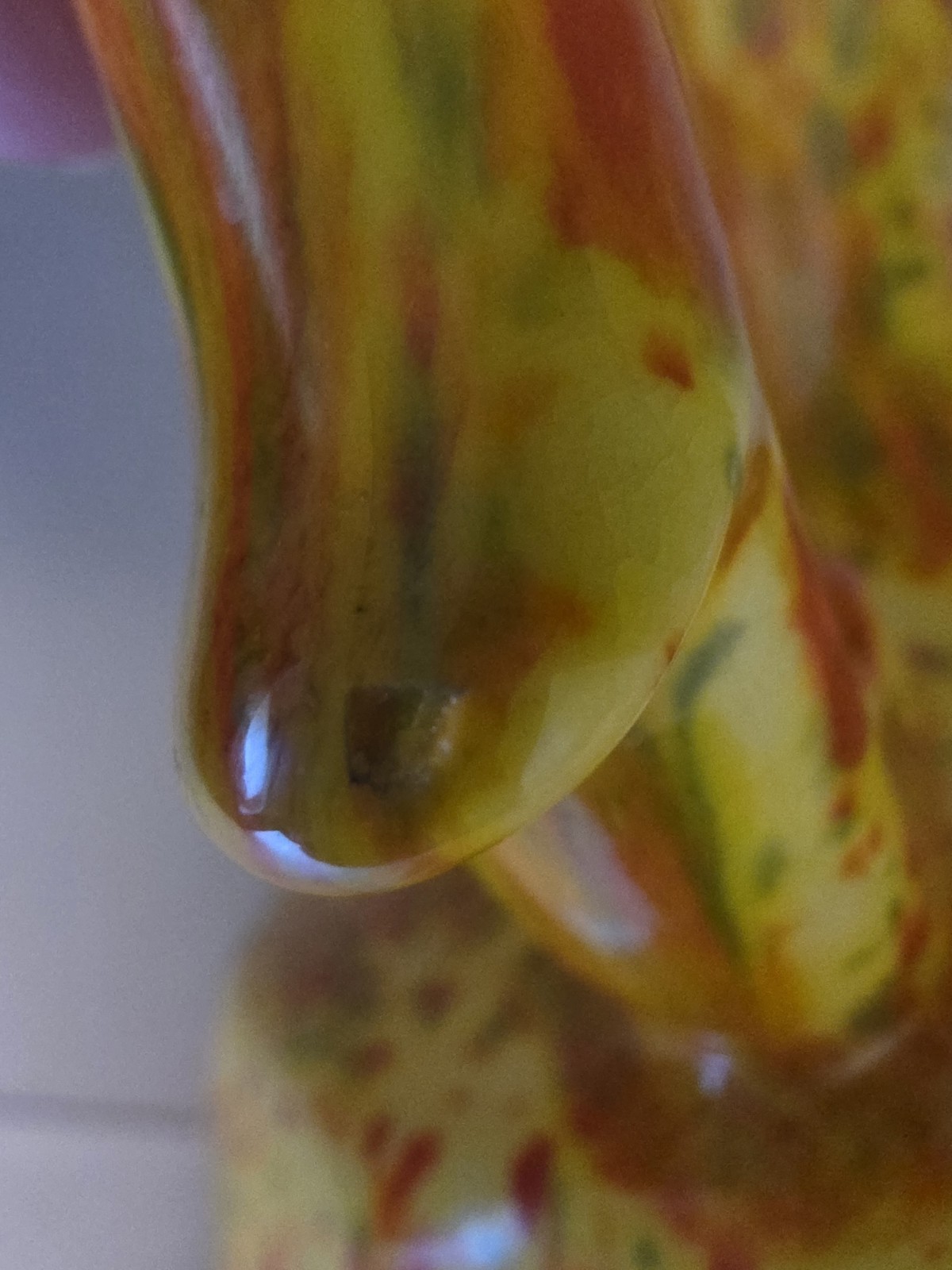 1981 Splatterware Orange Red Yellow and Green Drip Pitcher Vase. Signed