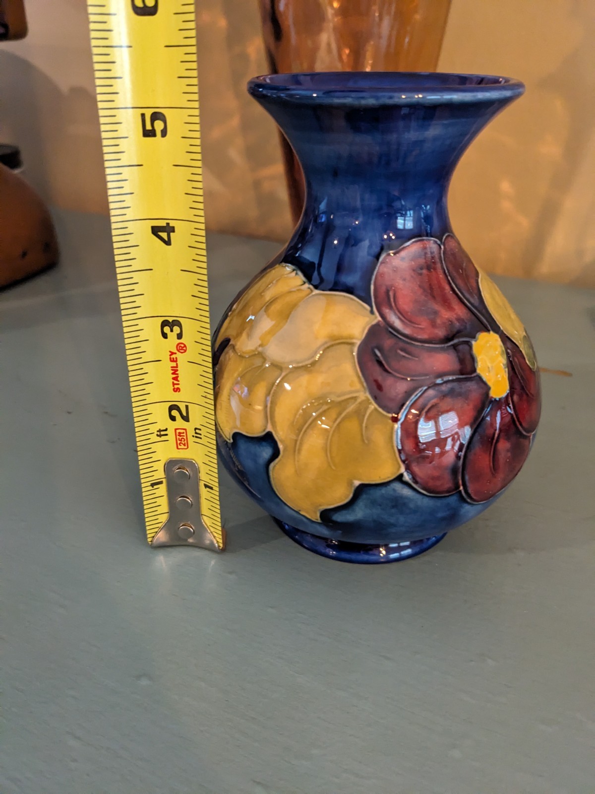 Stunning 1940s Moorcroft cobalt blue vase, Clematis pattern, 5.5 inches mint
