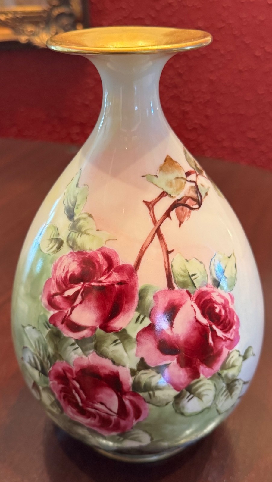 1894-1906 Gorgeous Large 10 1/4” American Belleek Vase Roses & Gold