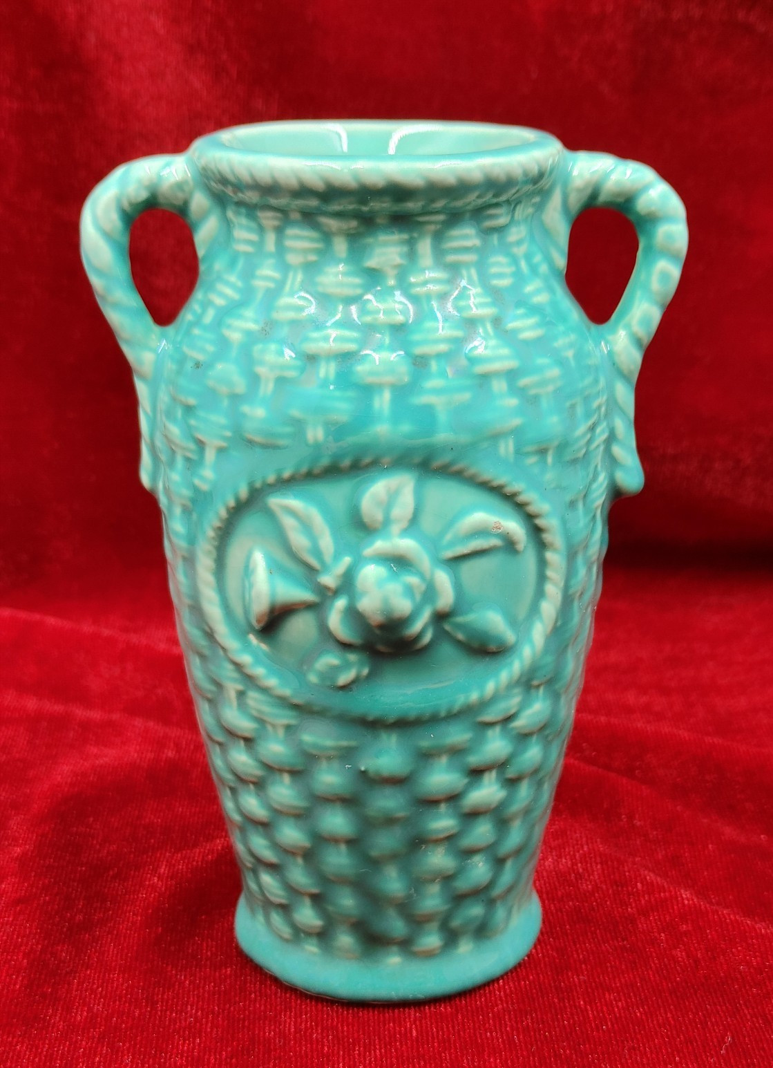 Vintage McCoy Green Vase Ceramic 2 Handled Basket Weave Pattern 5” MCM USA