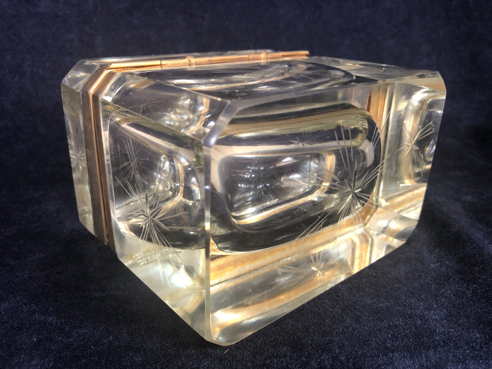 Mid Century Modern Italian Murano Hand Cut Hinged Glass Box ,Gilded Bronze Frame