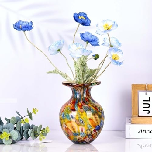 Colorful Hand Blown Glass Vase – Decorative Art for Home, Table Centerpiece, Flo