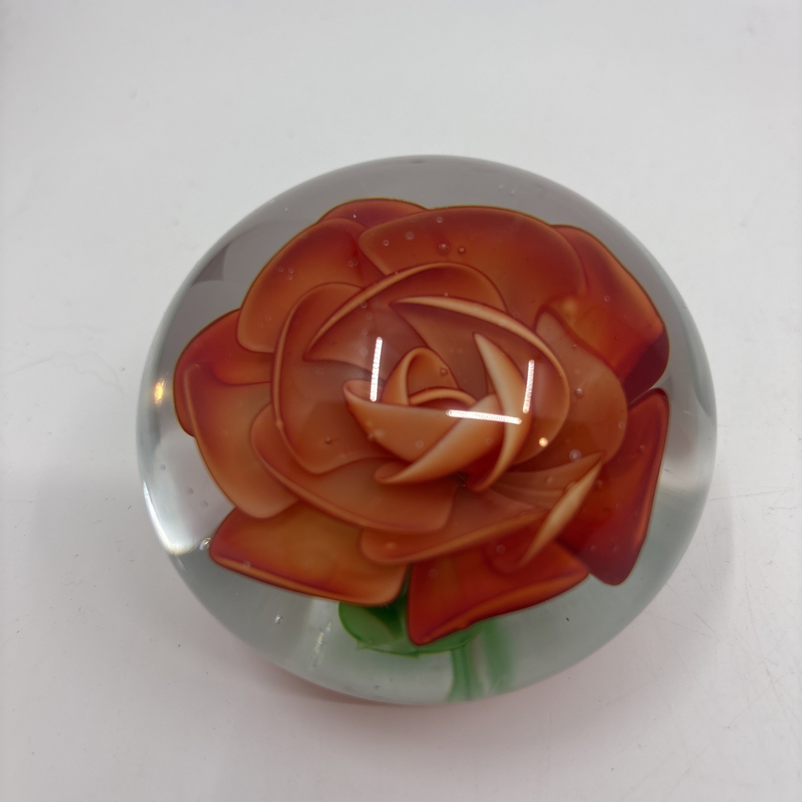 Red Rose and Green Leaves Collectible Blown Glass Flower Paperweight 3.5” Round.