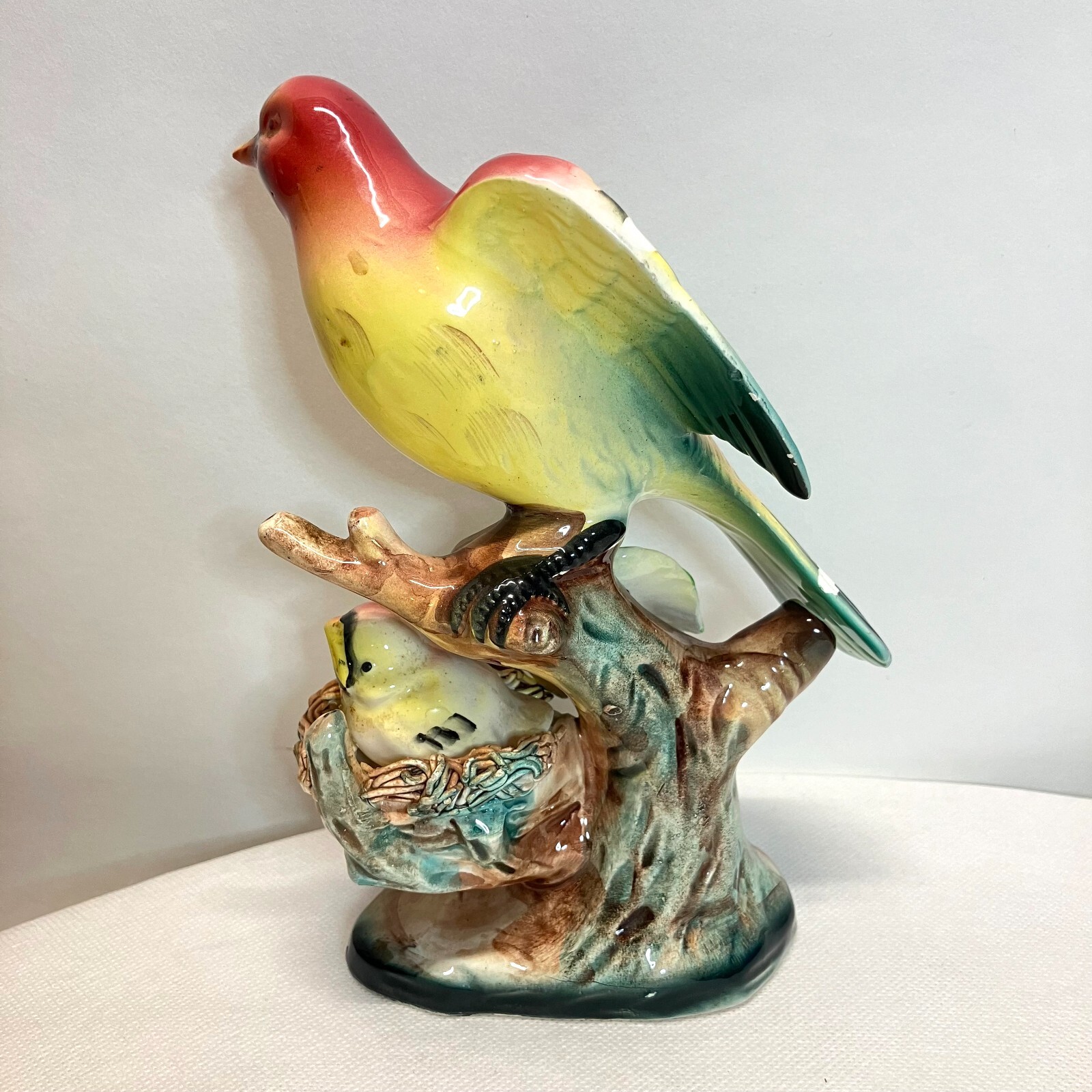VTG MCM Copley? Ceramic Parrot on Branch Chick in Nest Figurine Colorful! READ