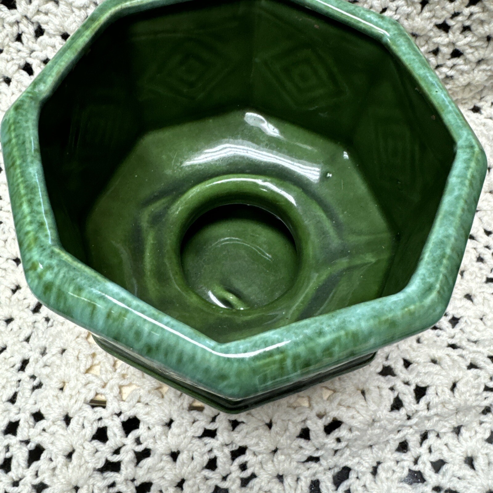 Vintage Hexagon Footed Planter Forest Green Drip Glaze MCM