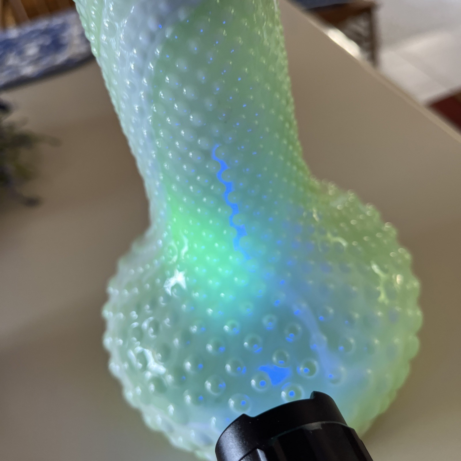 Mosser Gigi Jadeite Jadite Swirl Hobnail 8.5” Ruffled Vase Uranium Glows