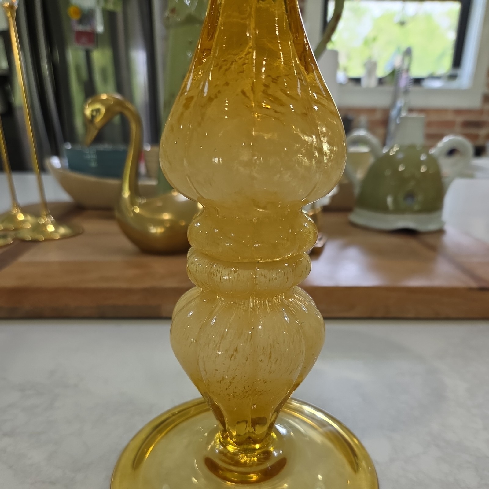 Vintage Set of Italian Venetian Murano Hand Blown Yellow Glass Candlesticks Read
