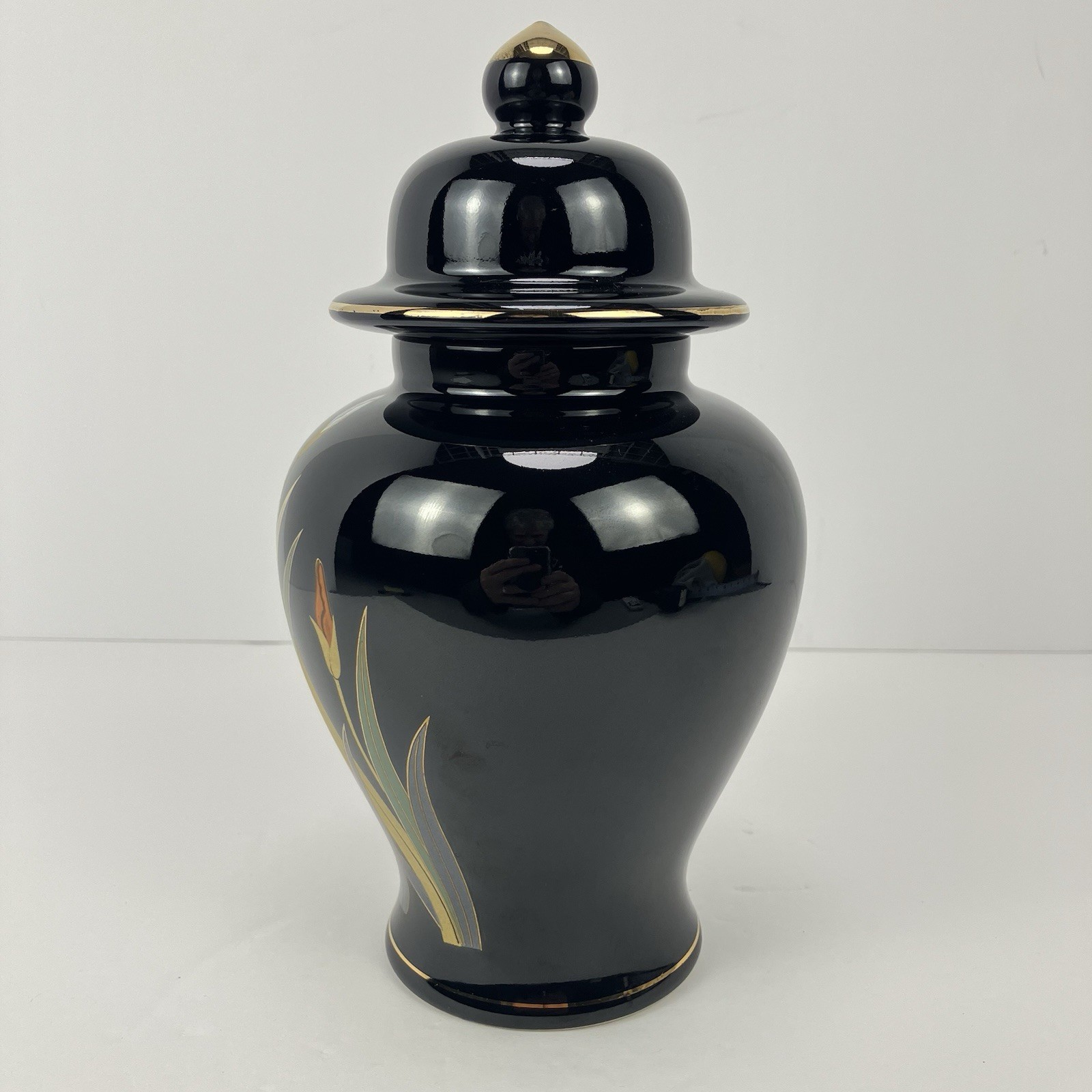 Otagiri Japan Black Gold Iris Floral Ginger Jar Lidded Ceramic Urn Vase Decor