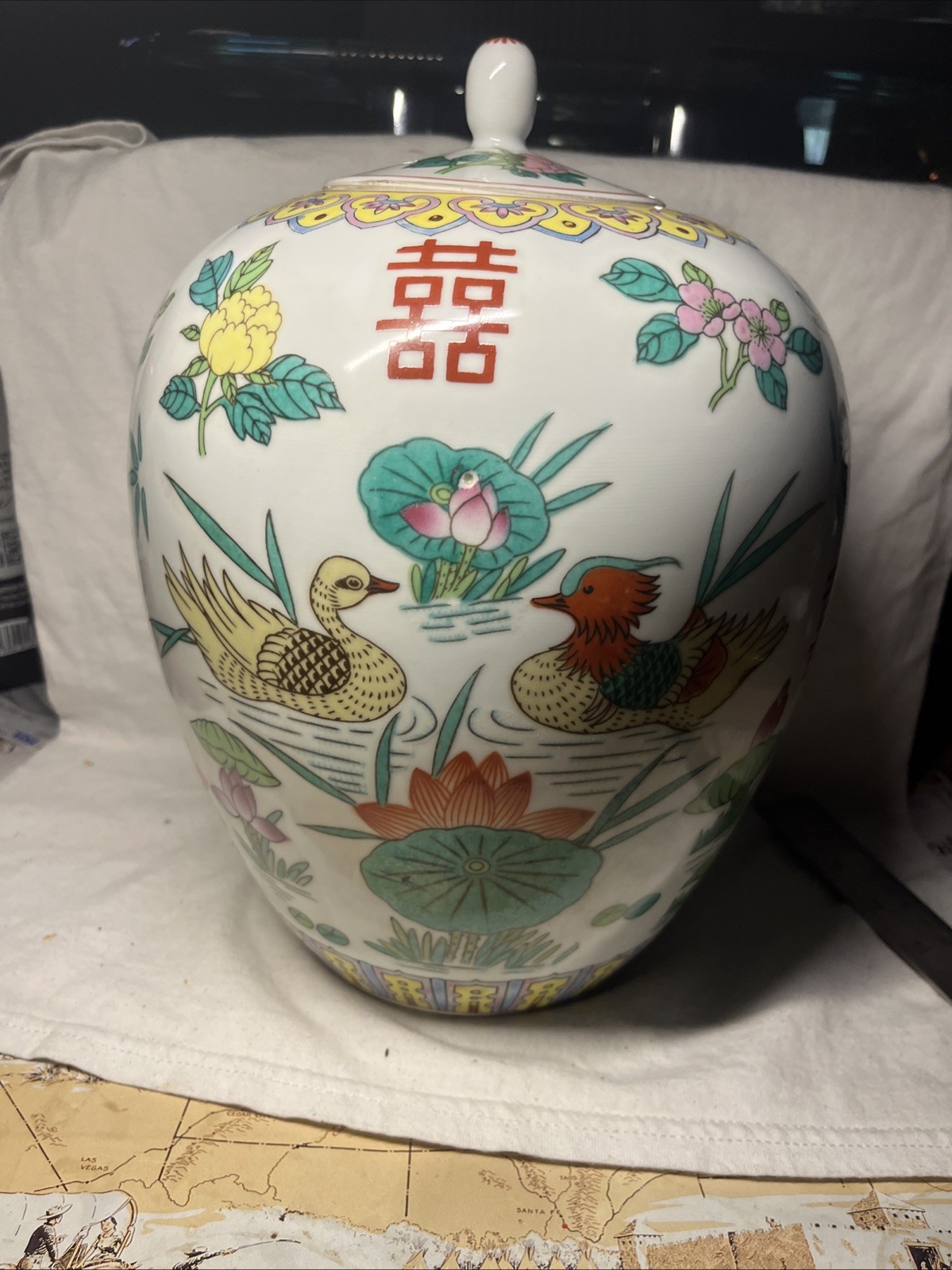 Vintge Asian Hand Painted Gingr Jar – Multi-Colored Flowers & Ducks 11″H x 8″W