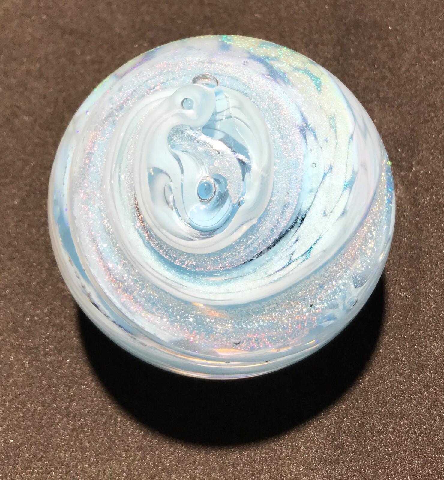 Handmade Dichroic Glass Paperweight by Janet Wolery – BLUE CLOUD SWIRL – 3 1/4”
