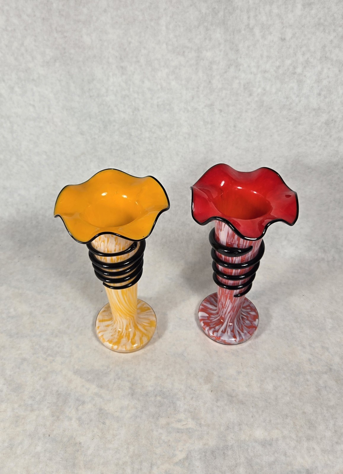 Vintage CzechoslovakiaGlass Tango ? Vase Red & Yellow Black Swirl Bohemian Lot 2