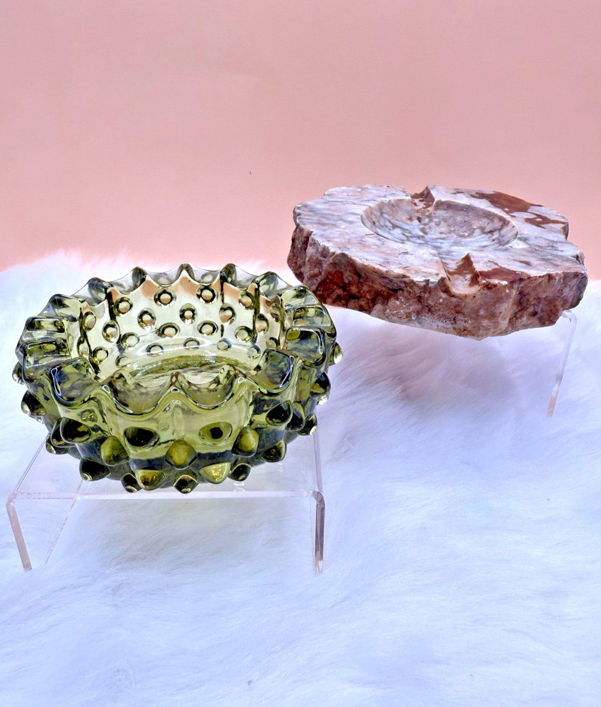 Vintage Ashtray Pair-Fenton Colonial Green Glass Hobnail & Handcarved Alabaster