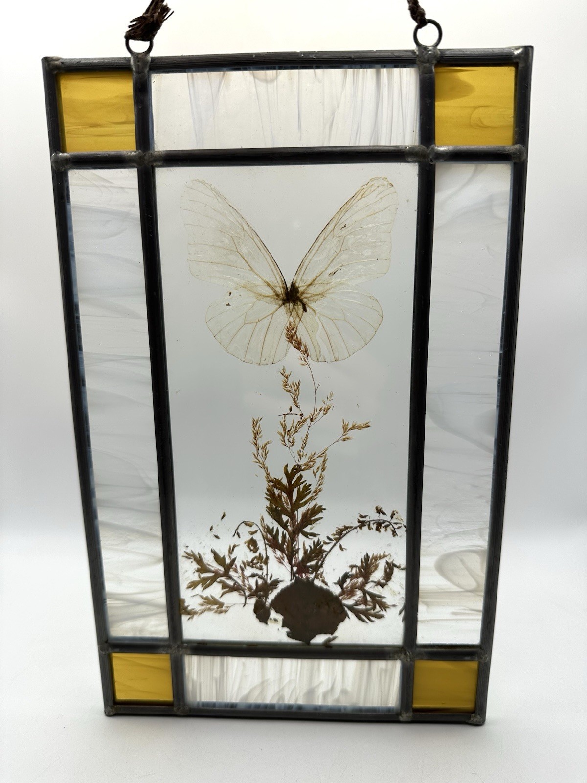 Vintage Pressed Flower Stained Glass Suncatcher Panel Art Botanical Butterfly