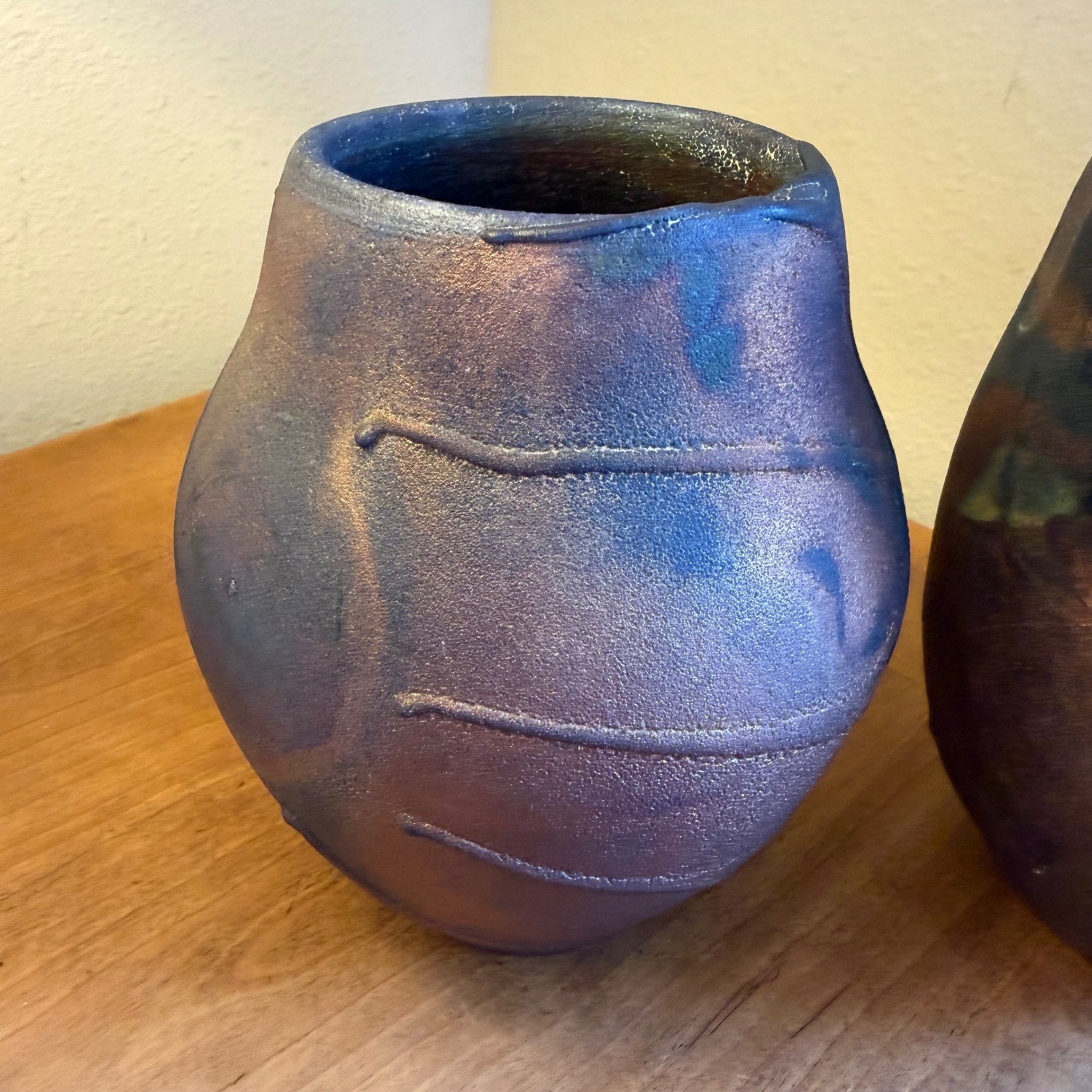 Signed Studio Pottery Vase Set Raku Style Iridescent Blue Purple Art Pottery