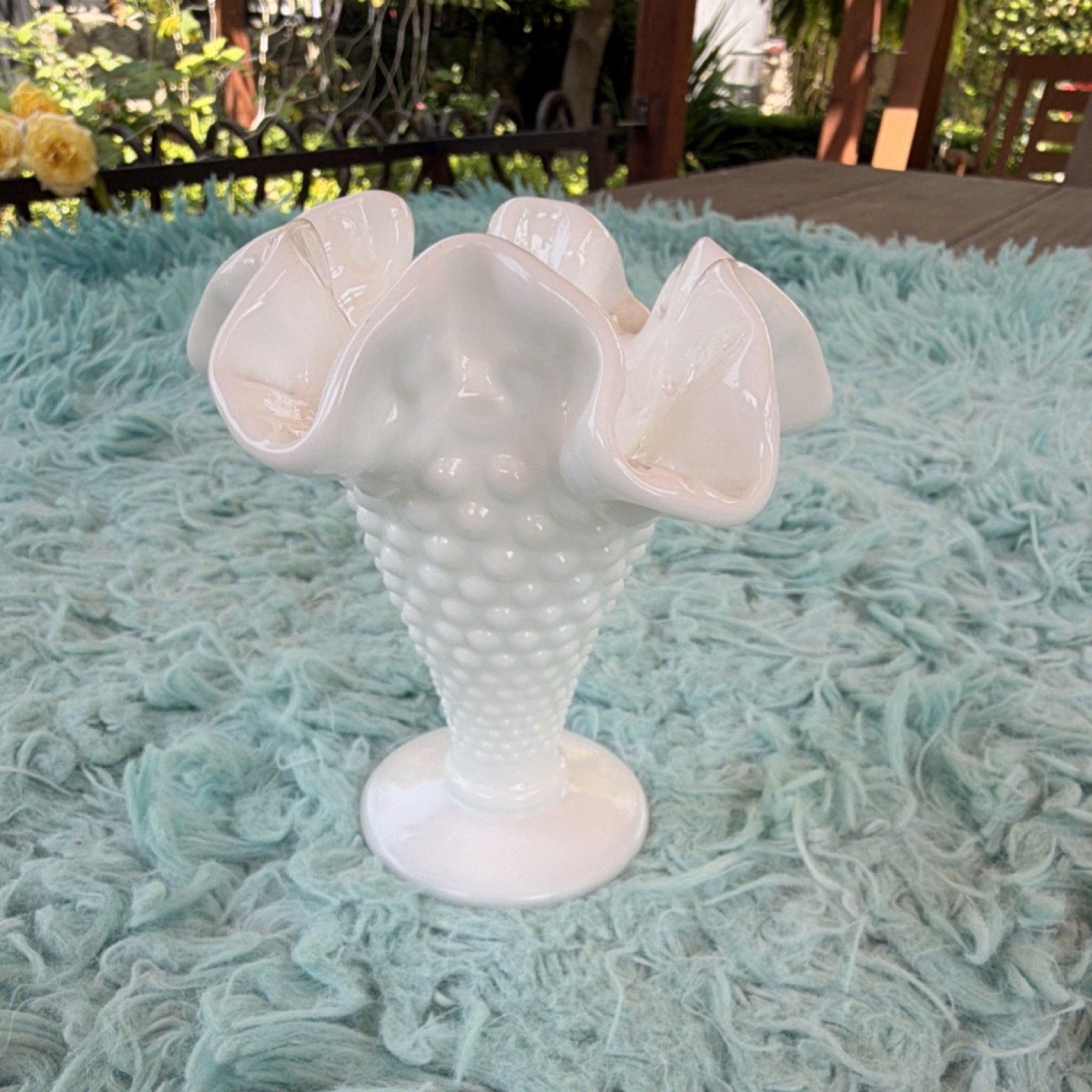 White Hobnail Milk Glass Vase Decorative Glossy Ruffled Rim Ruffled Edge Pattern