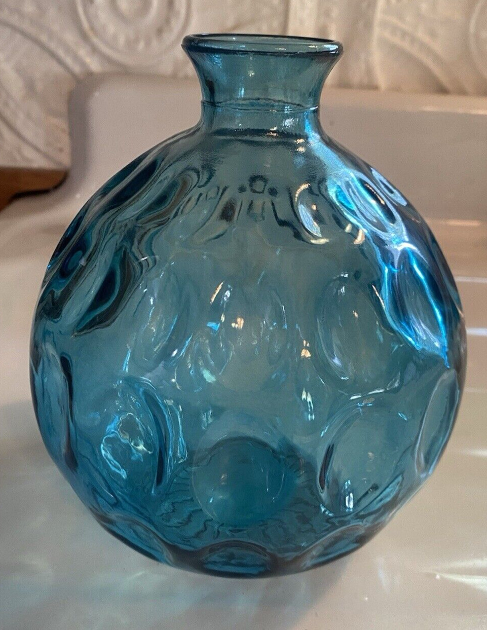 Vintage Sapphire Blue Thumb Print Glass Round Flower Vase- 7″ Tall & 20″diameter