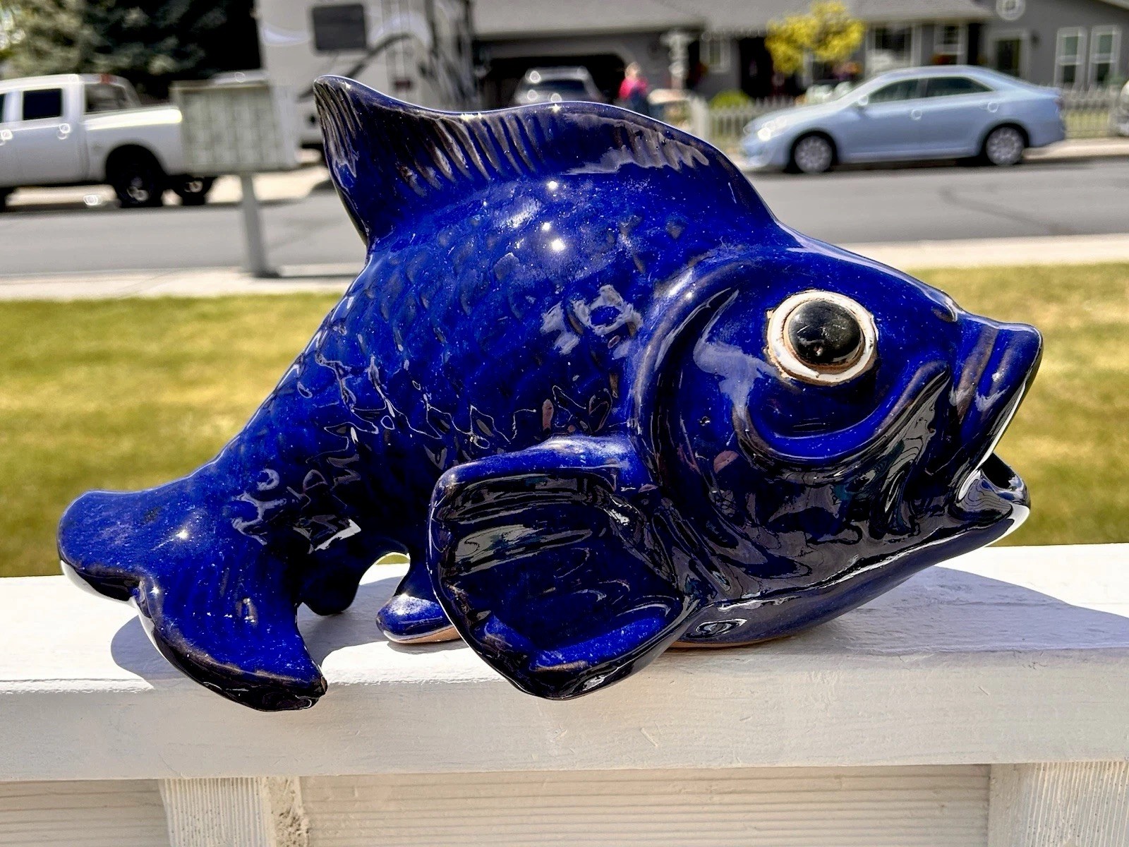 Art Pottery Cobalt Blue Fish Koi Sculpture Garden Decor World Market Approx 12”L