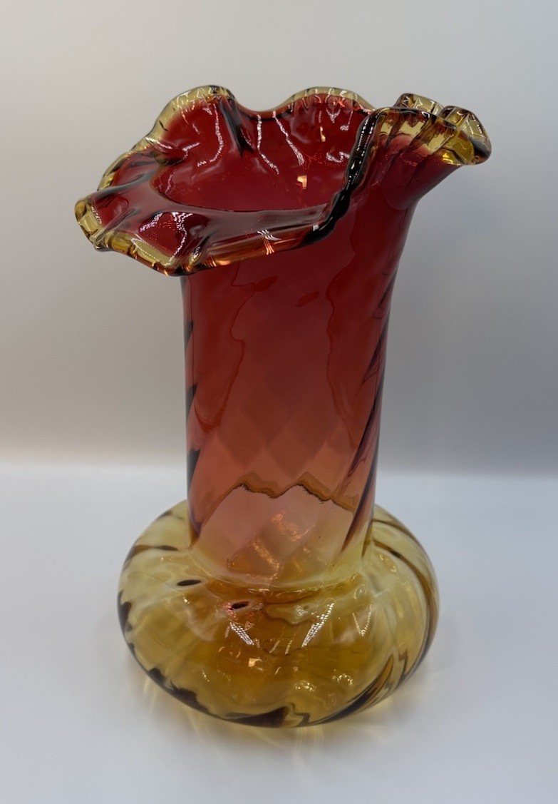 Antique Victorian Amberina Art Glass Vase 10 3/4” Ruffle Edge w/ Swirl Base
