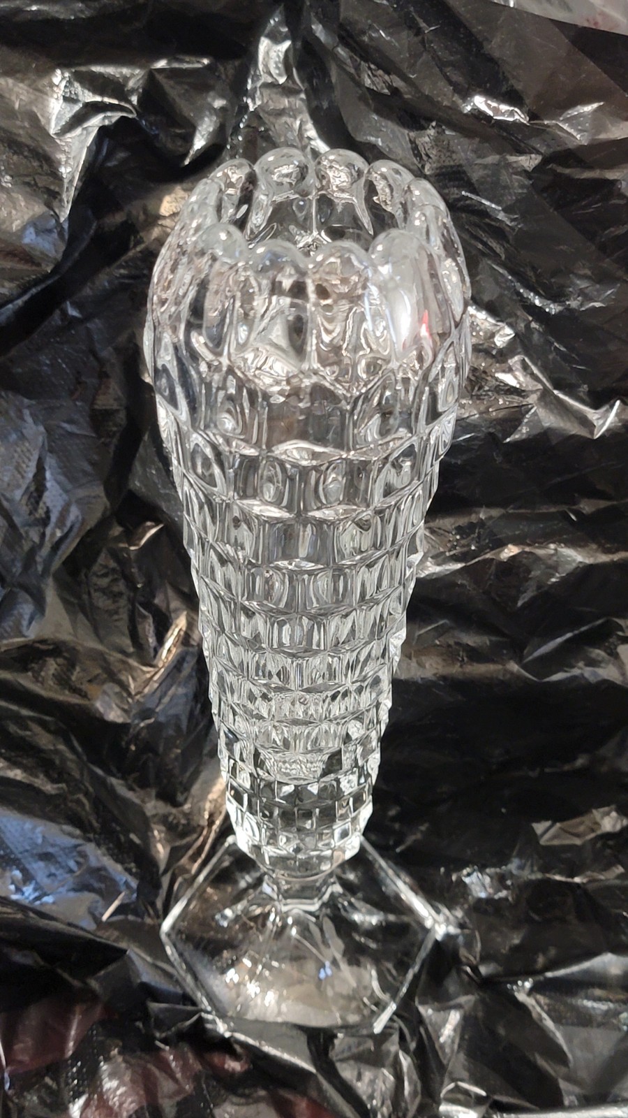 American Cube/Cubist Fostoria Clear Glass Hexagonal Footed Cupped Top Bud Vase