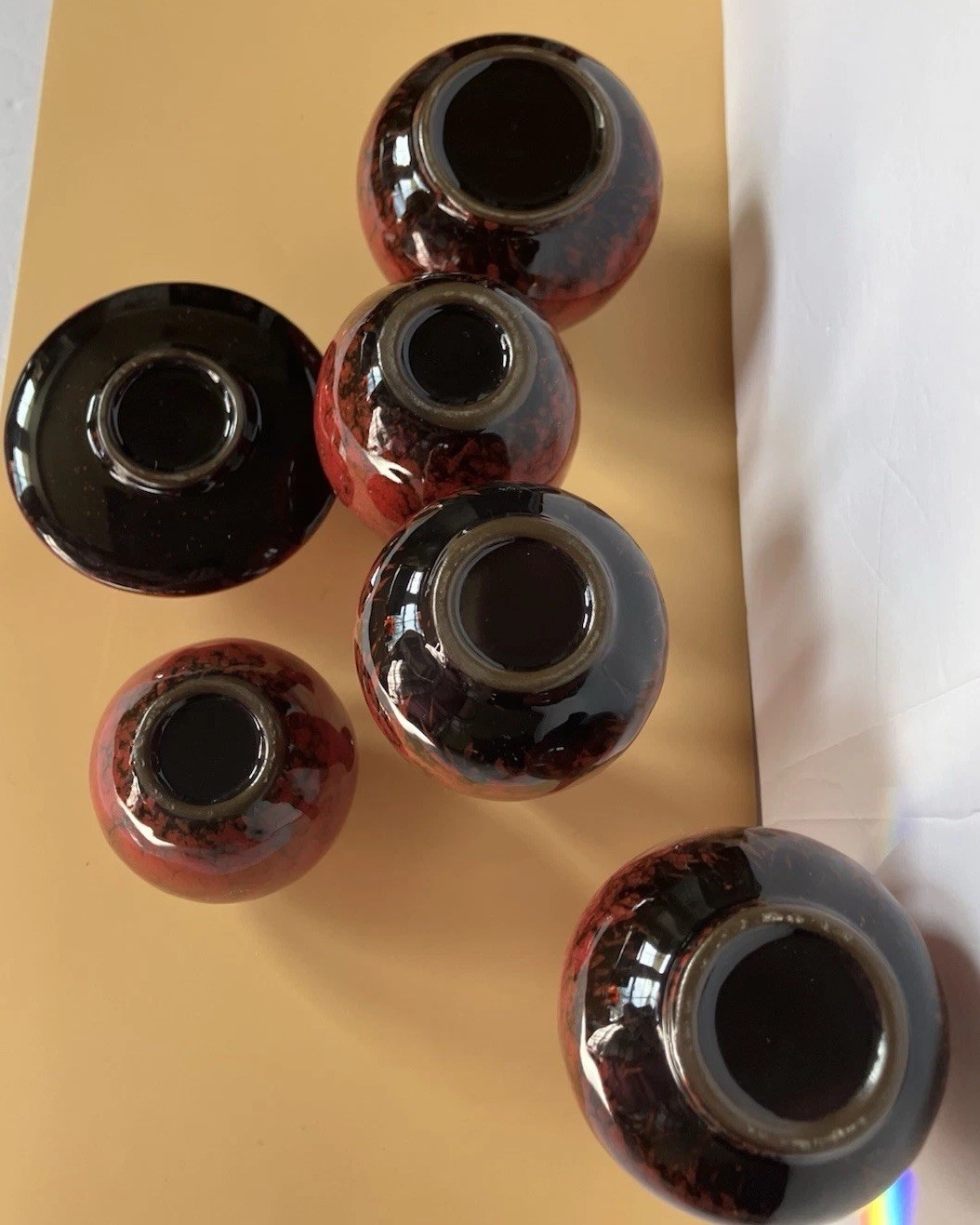 Red And Black Glazed Pottery Small Vases Lot Of 6 Various Sizes And Shapes