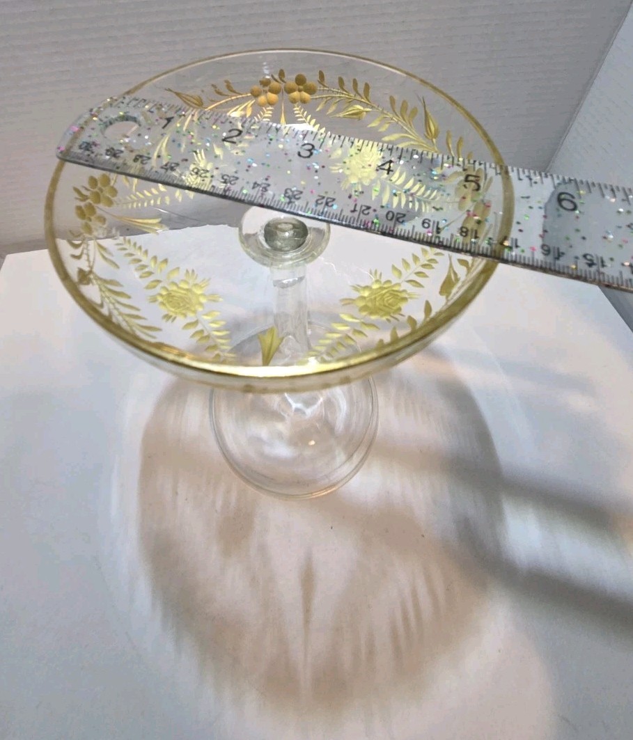 Antique Moser Tazza/ Compote Large Cut Crystal with Gold Gilt Intaglio Style 8″