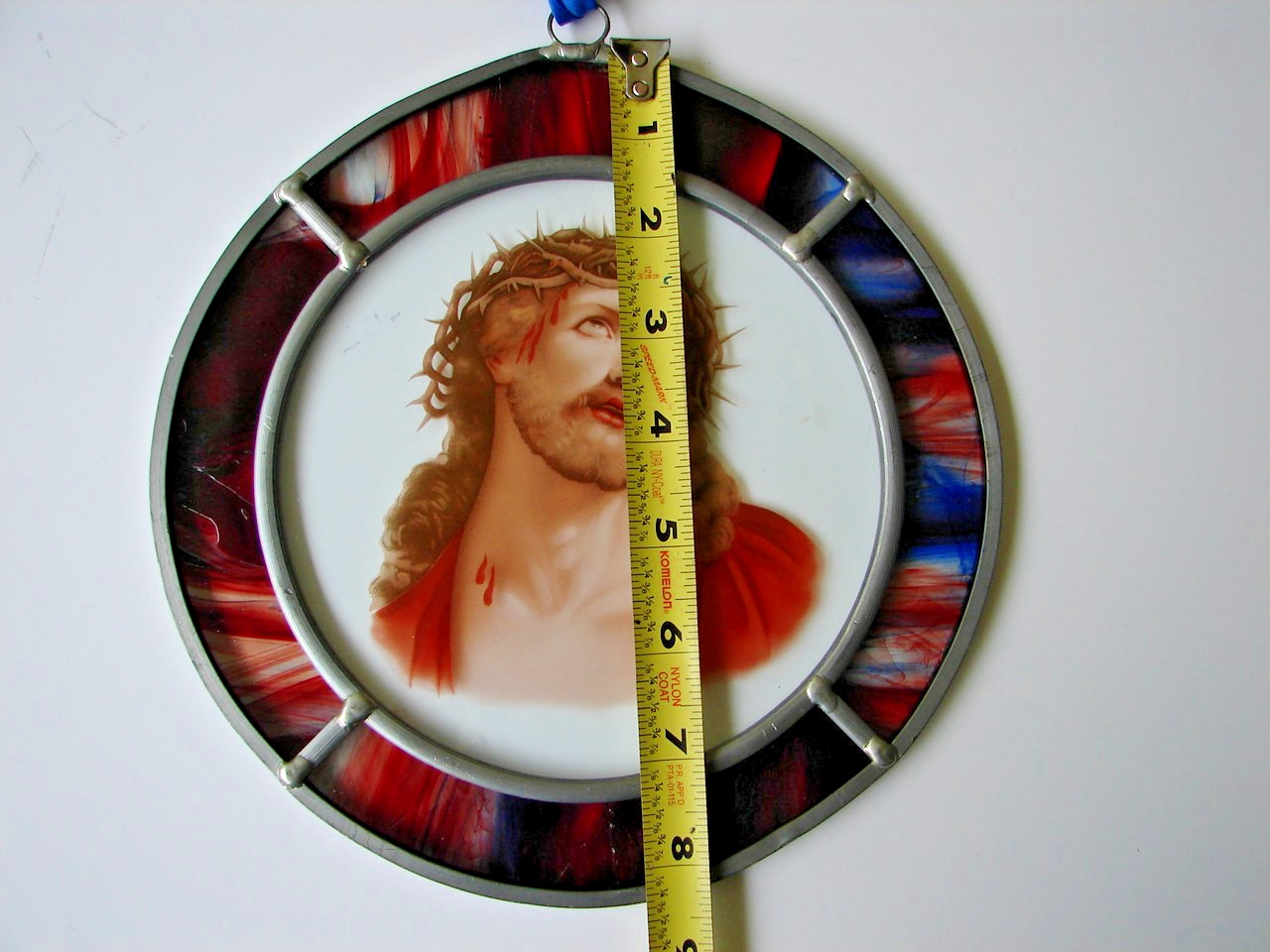 VINTAGE LEADED STAIN GLASS 8 1/2″ HANGING SUNCATCHER JESUS RELIGIOUS ART