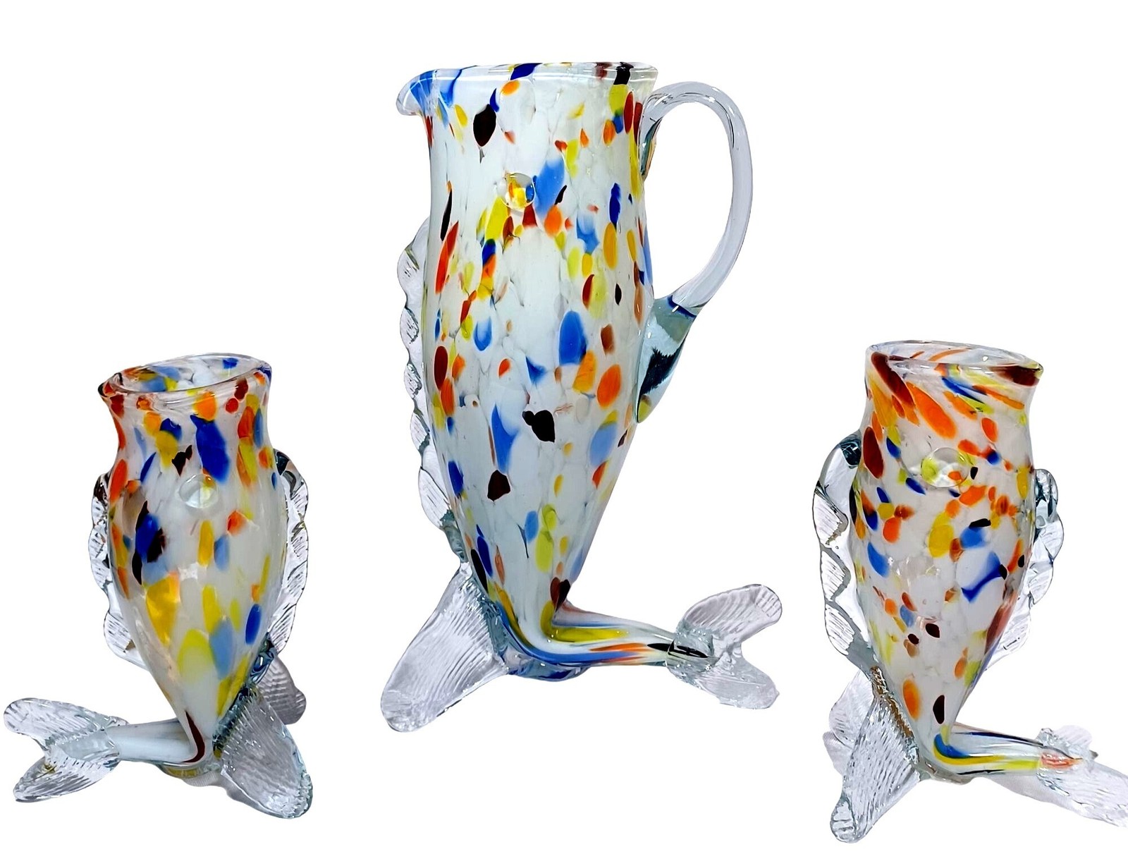 Murano Rainbow Confetti Fish Vase Pitcher Glasses Sculpture Art Glass Set of 3