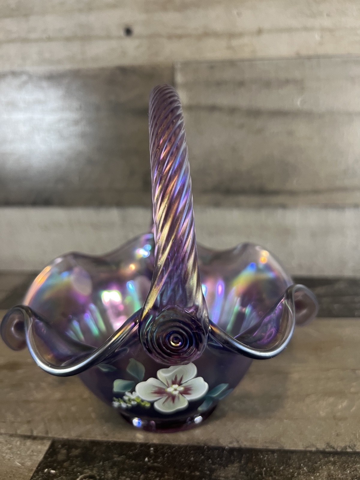 Fenton Iridescent Purple Basket Hand Painted Flowers Signed – Twist Handle