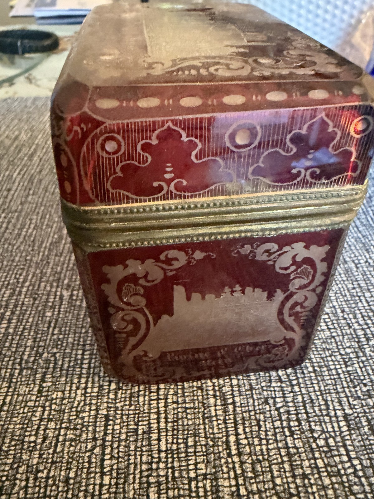Stunning Antique Bohemian Ruby Cut to Clear Etched Glass Dresser Box