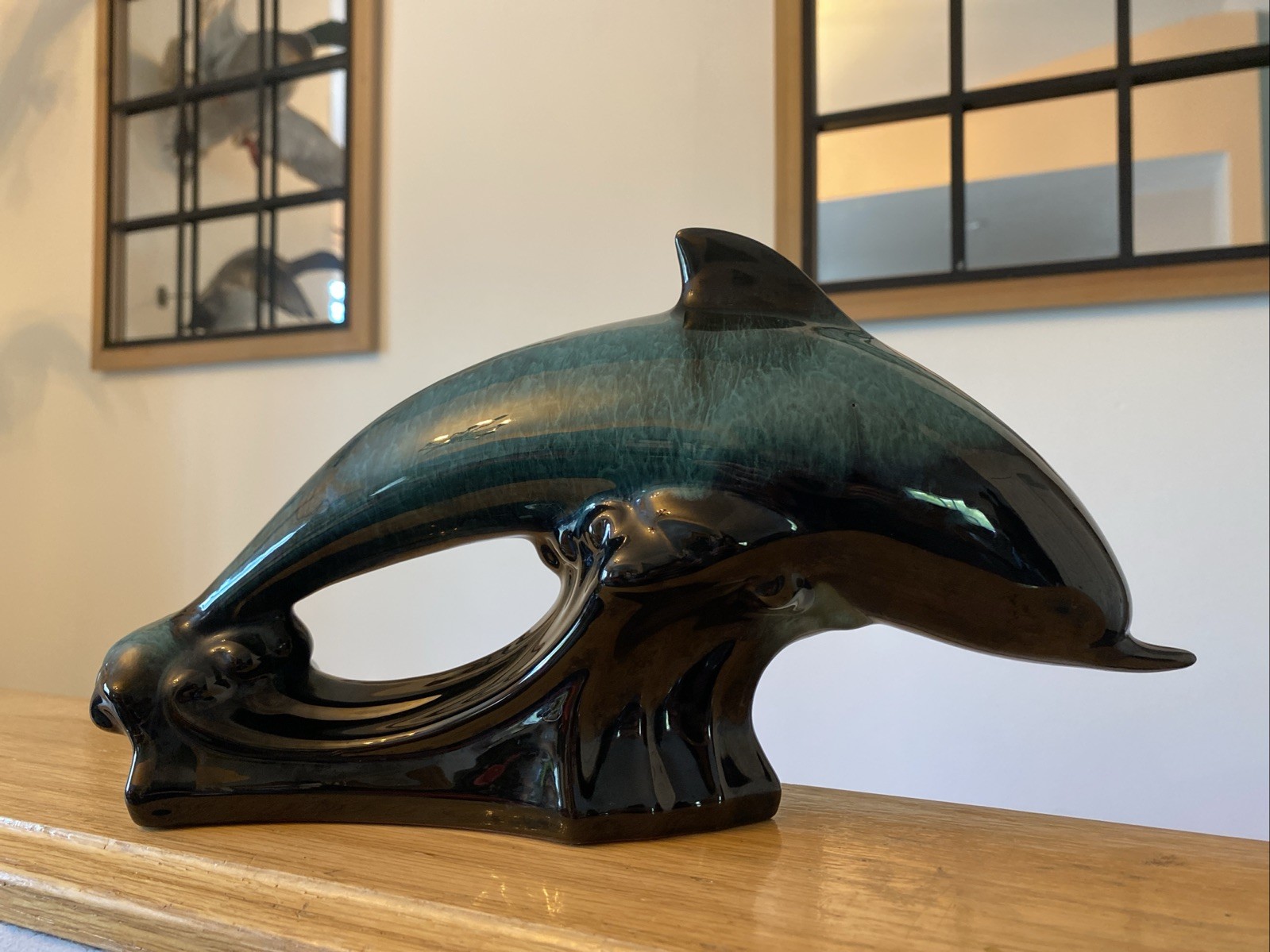BLUE MOUNTAIN POTTERY JUMPING DOLPHIN DRIP GLAZE TURQUOISE BLACK WAVES 12″