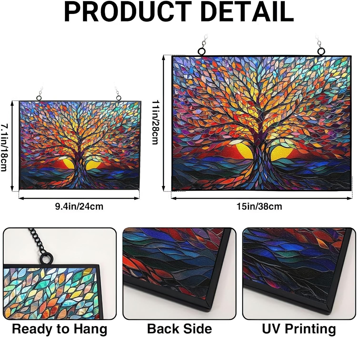 Rectangle Tree of Life Stained Glass Window Hanging Window Suncatcher Glass P…