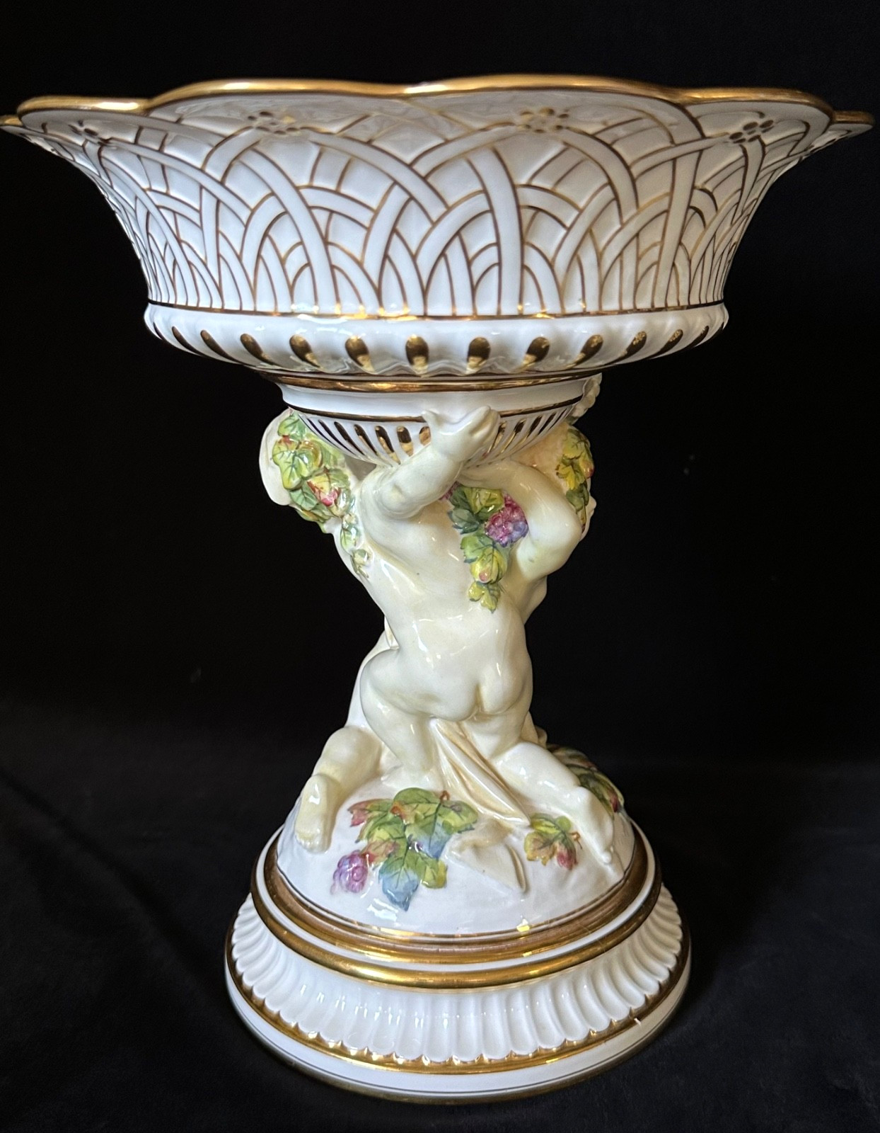 ANTIQUE MINTON PORCELAIN Compote Candlesticks Set Putti Gilt Collamore Co. с1895