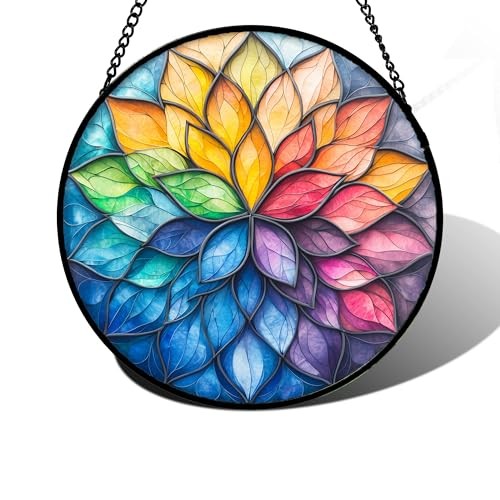 Stained Glass Window Hanging, Colorful Flower Petals Sun 6.3×6.3 IN Green