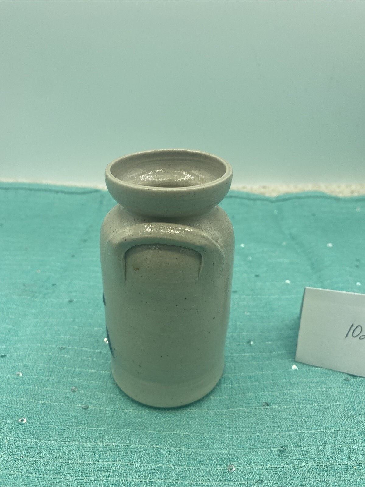 Pottery Jug/Milk Can Vase 4 Inches Tall Gray With Cobalt Blue Leaves