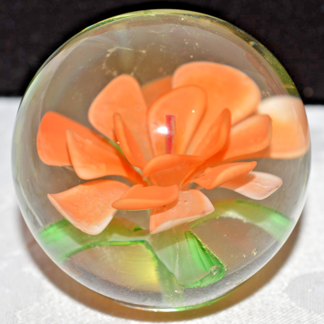 Murano Art Glass Apricot Color Flower Paperweight, 1 3/4 x 1 3/4